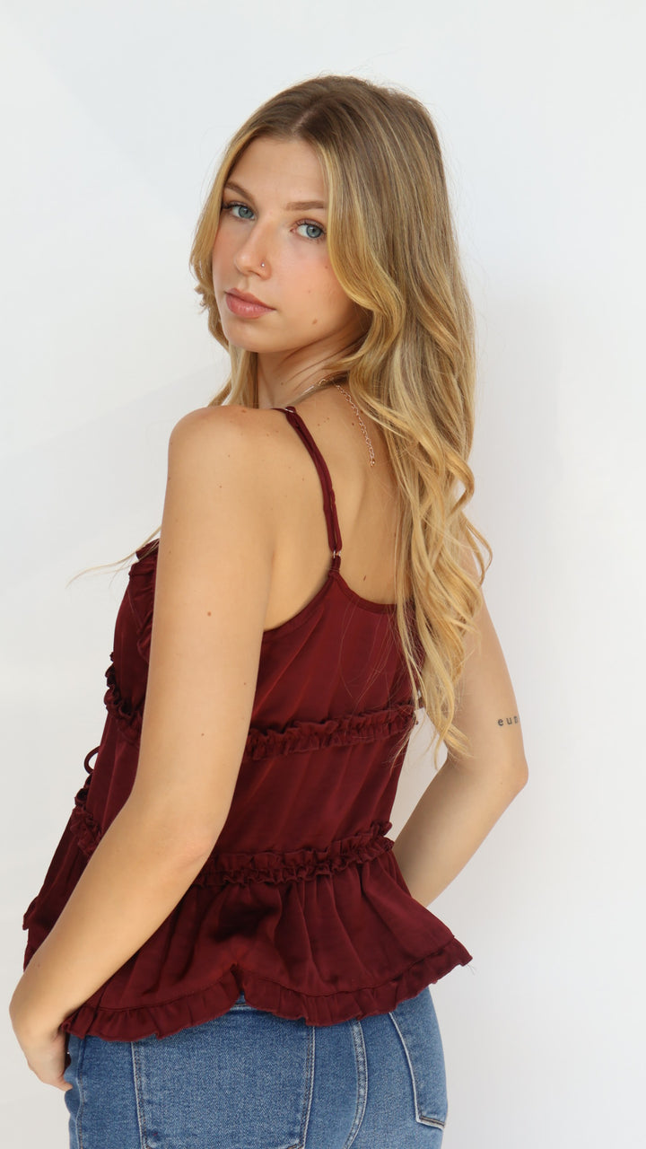 Tiered Tie Front Ruffle Detail Sleeveless Top