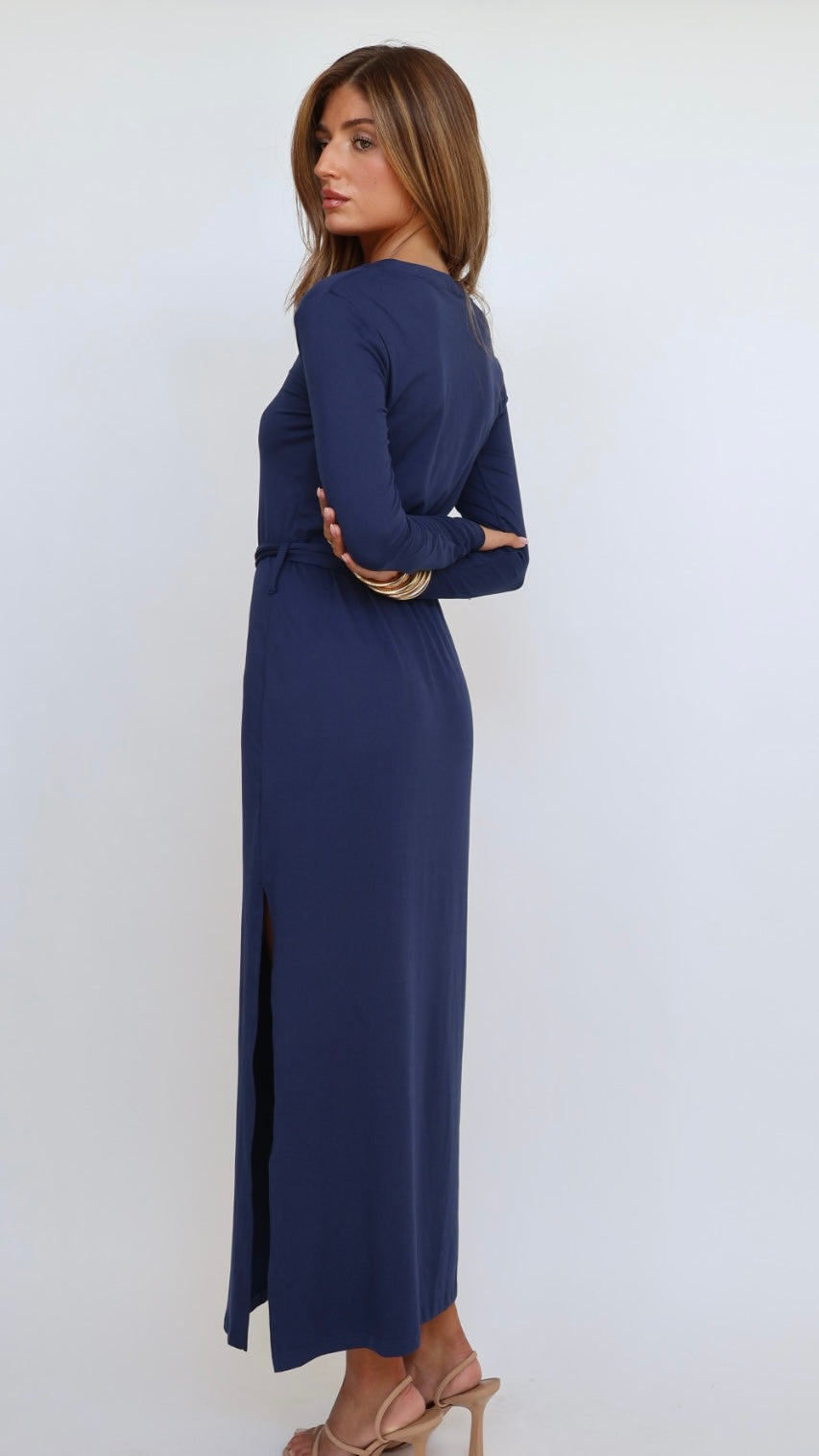 Nora Belted Long Sleeve Slit Leg Maxi Dress