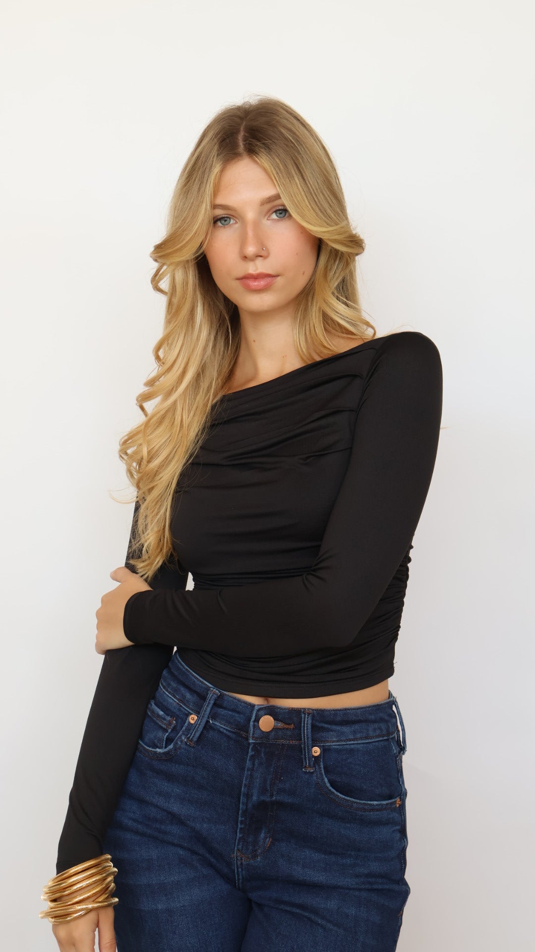 Ruched Boat Neck Crop Top