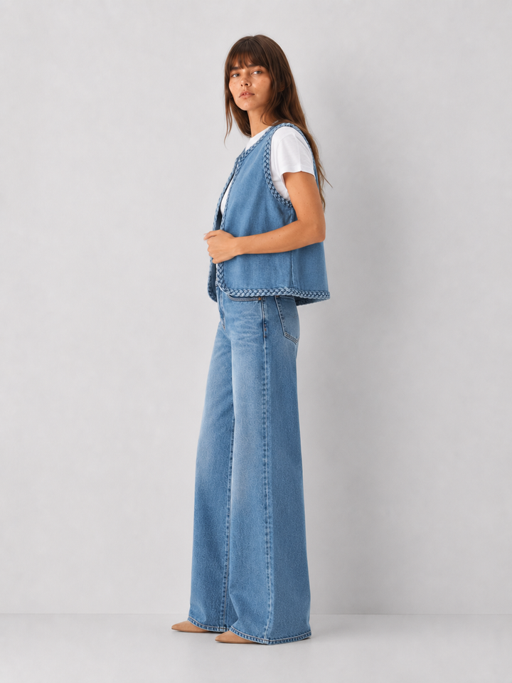 Open Denim Vest With Braided Detail