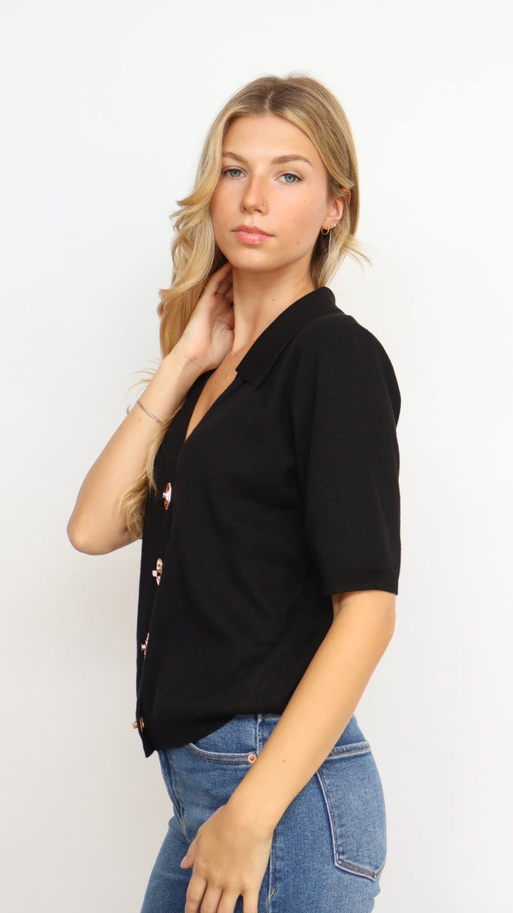 Gold Button Collared Short Sleeve Cardigan