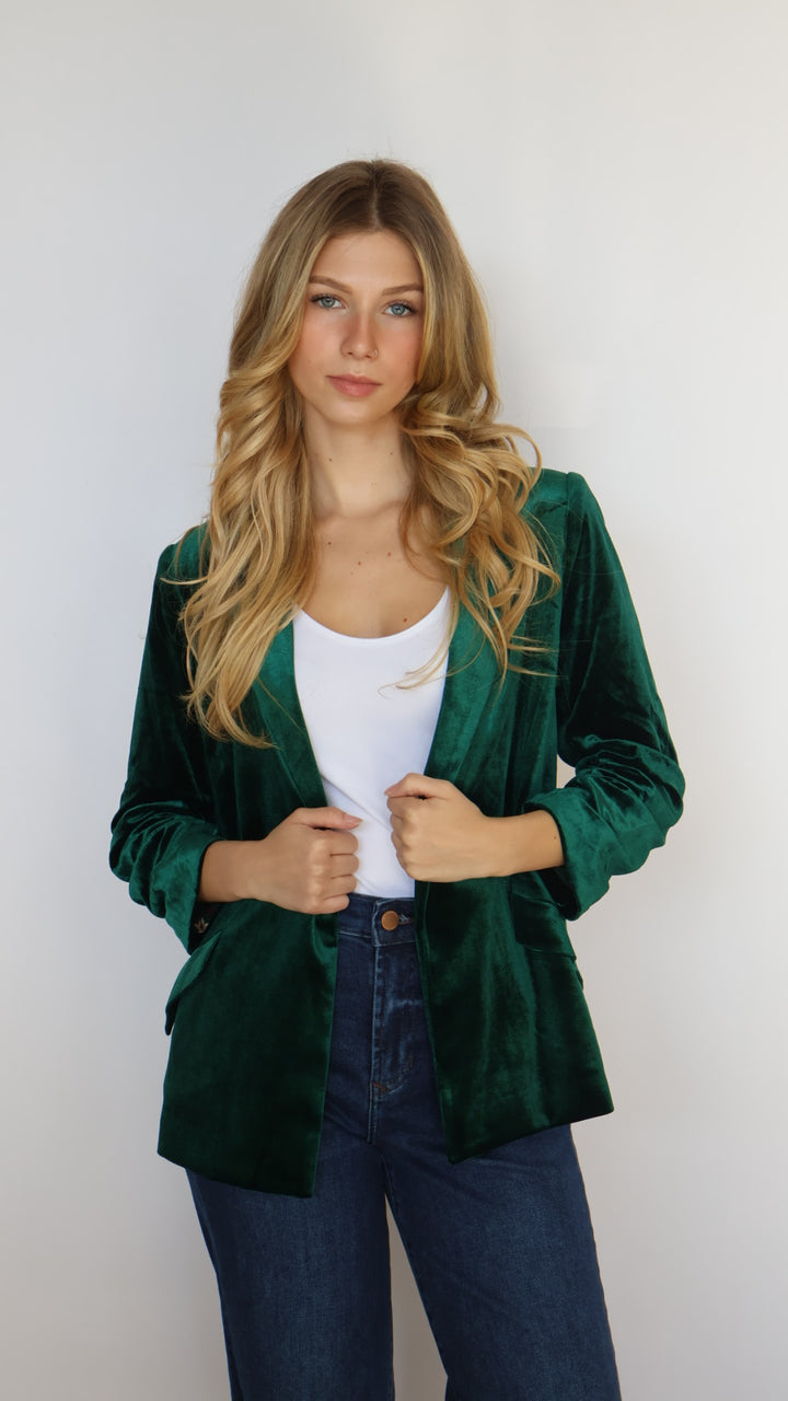 Ruched Sleeve Velvet Blazer