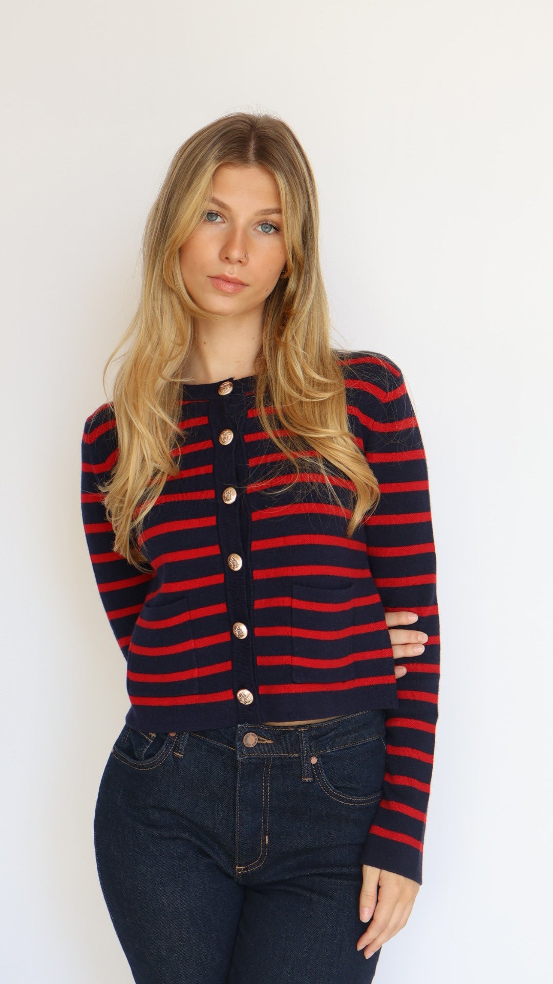Red & Navy Striped Crewneck Cardigan
