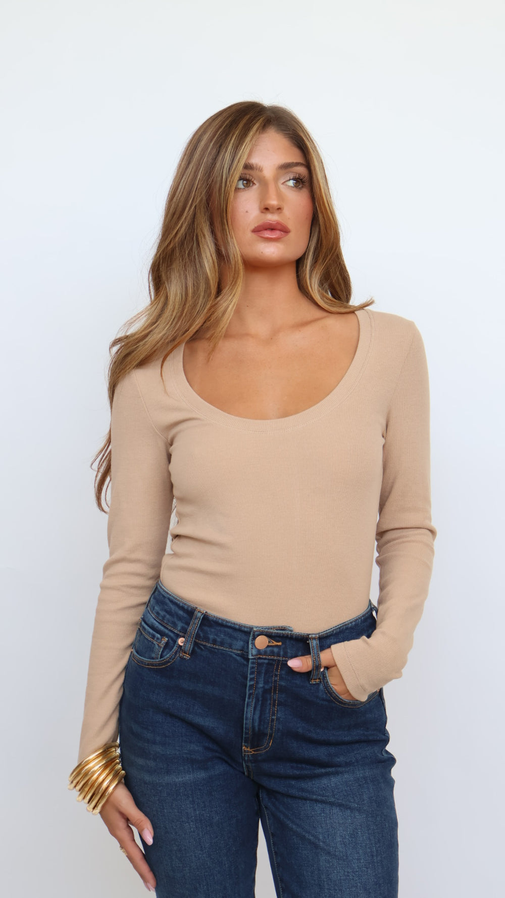 Ribbed Cotton Scoop Neck Long Sleeve Top
