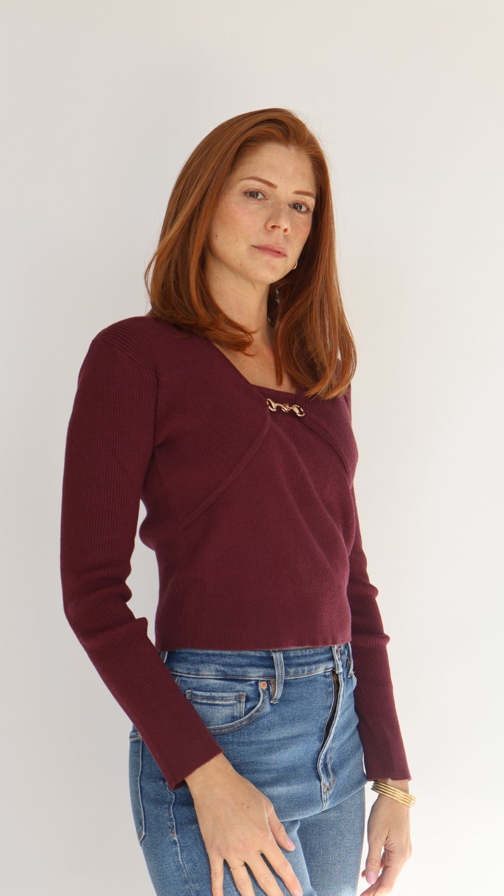 Long Sleeve Buckle Detail V Neck Top