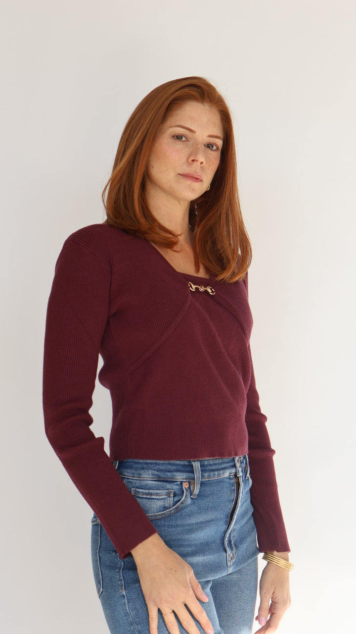 Long Sleeve Buckle Detail V Neck Top