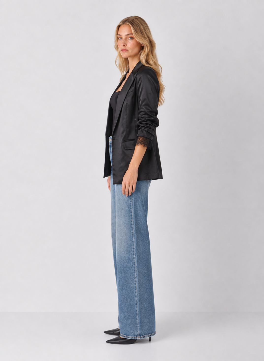 Lace Trim Satin Blazer