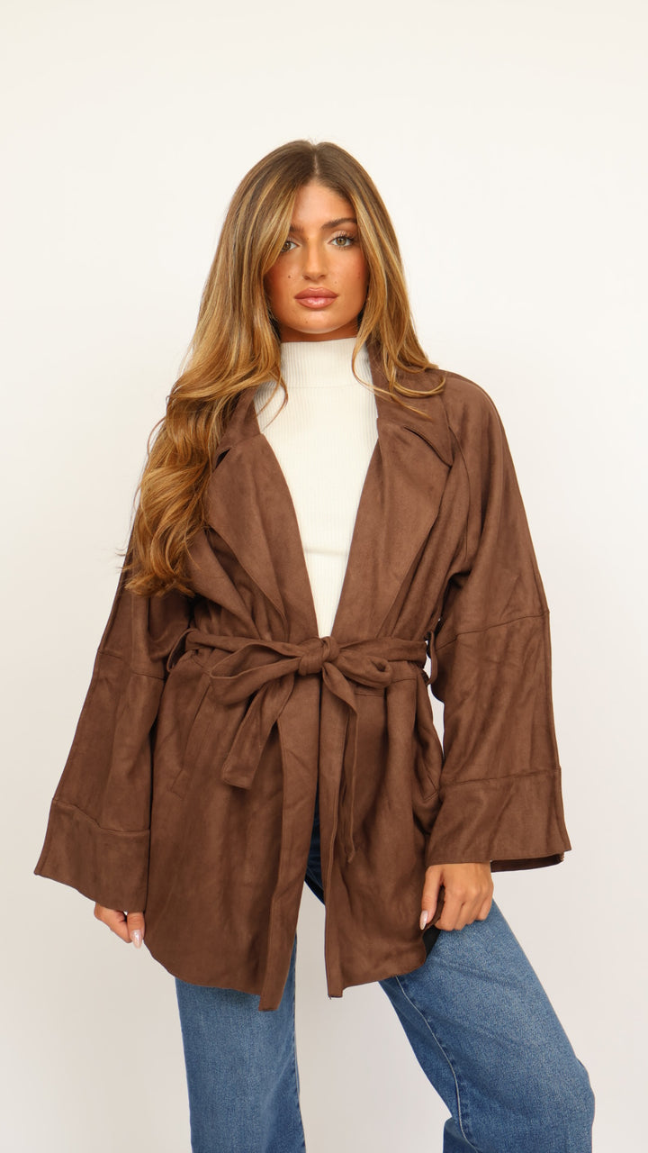 Faux Suede Belted Mid Length Trench Coat