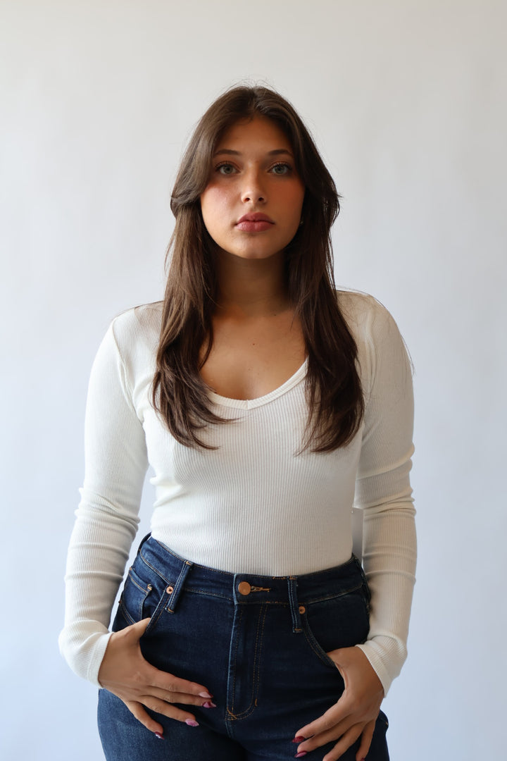 Marlowe Ribbed V Neck Fitted Top