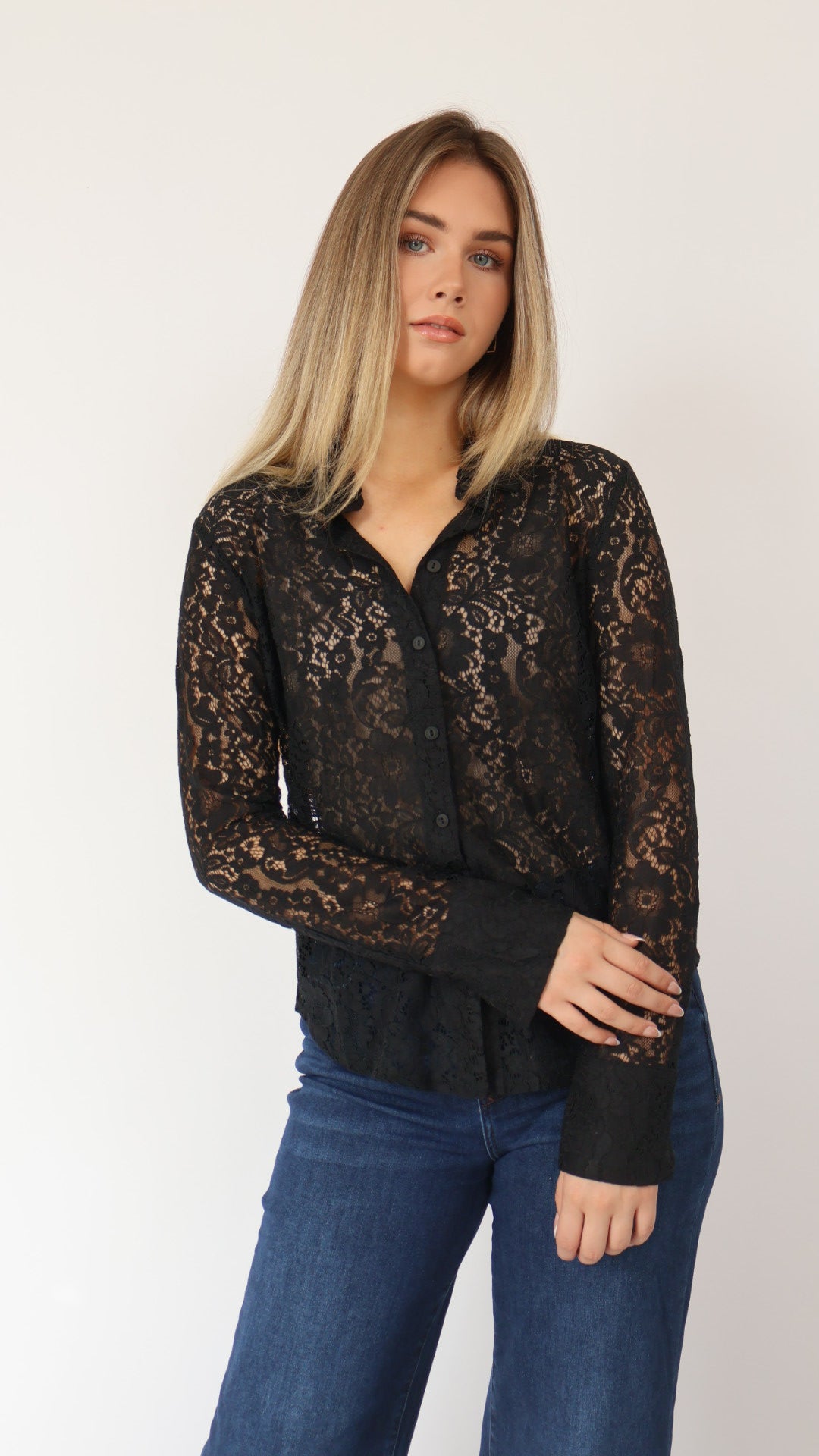 Lace Long Sleeve Button Down Top