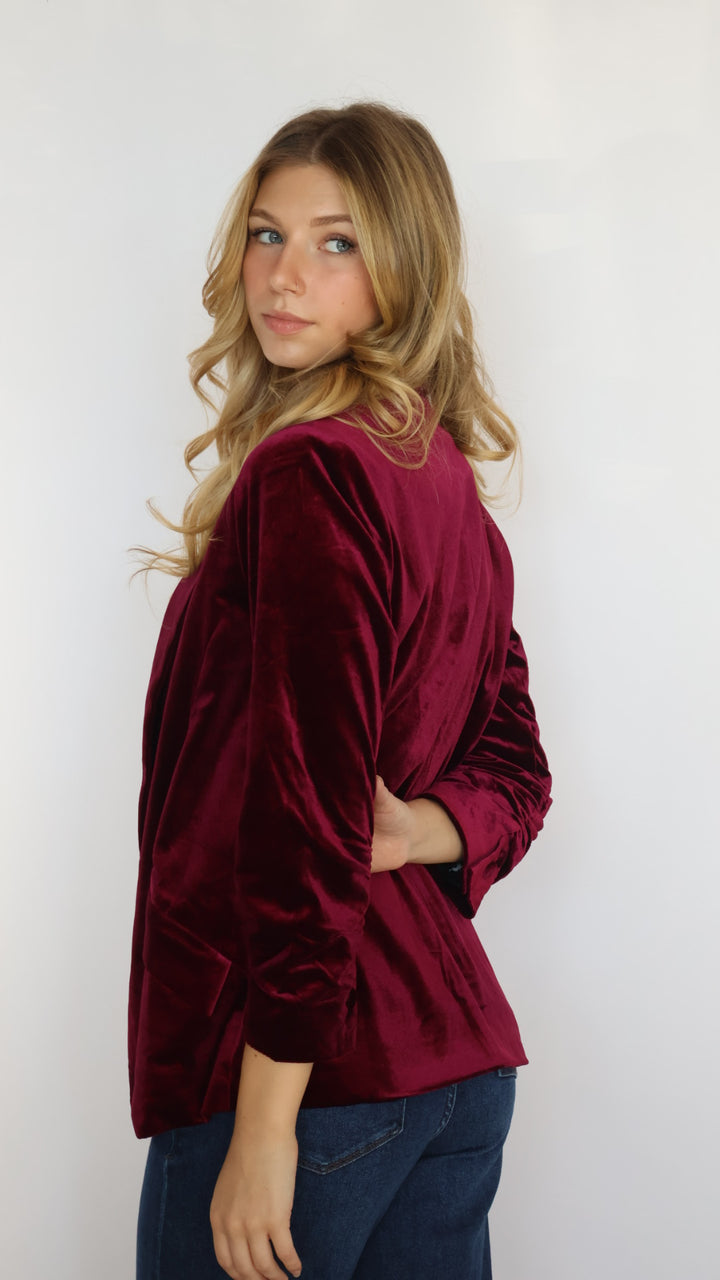 Ruched Sleeve Velvet Blazer