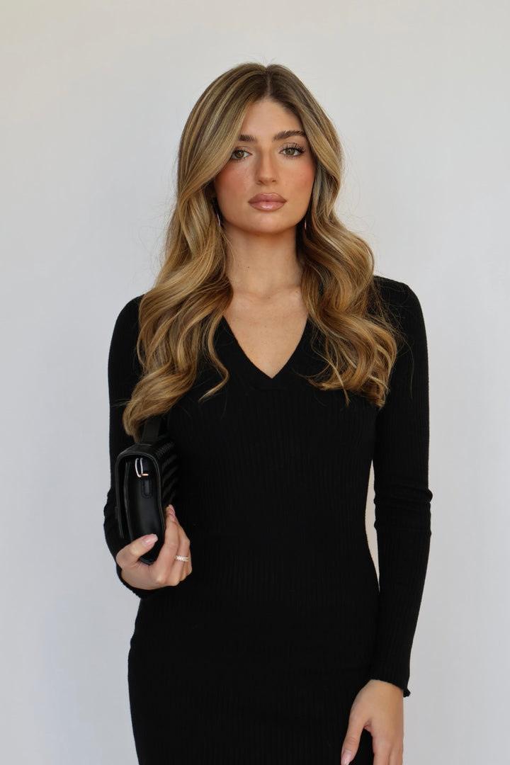 Collared Rib Knit Midi Dress