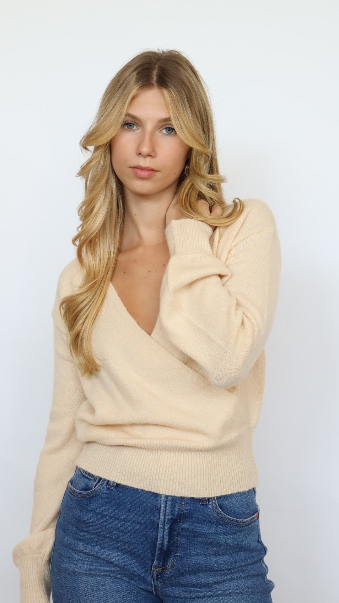 Cross Front Banded V-Neck Sweater