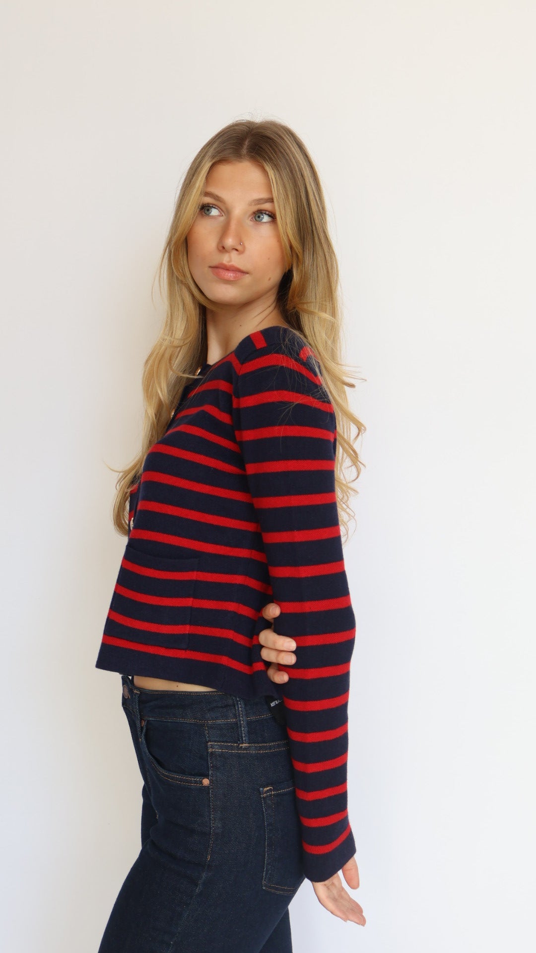 Red & Navy Striped Crewneck Cardigan