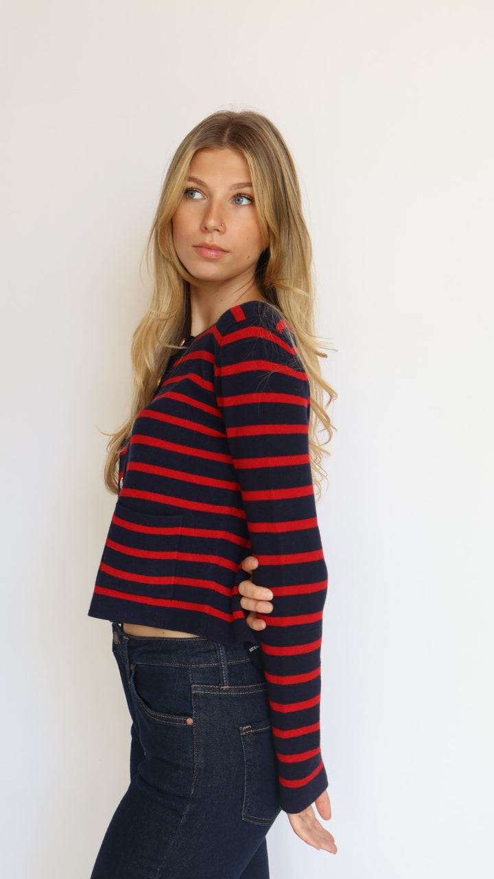 Red & Navy Striped Crewneck Cardigan