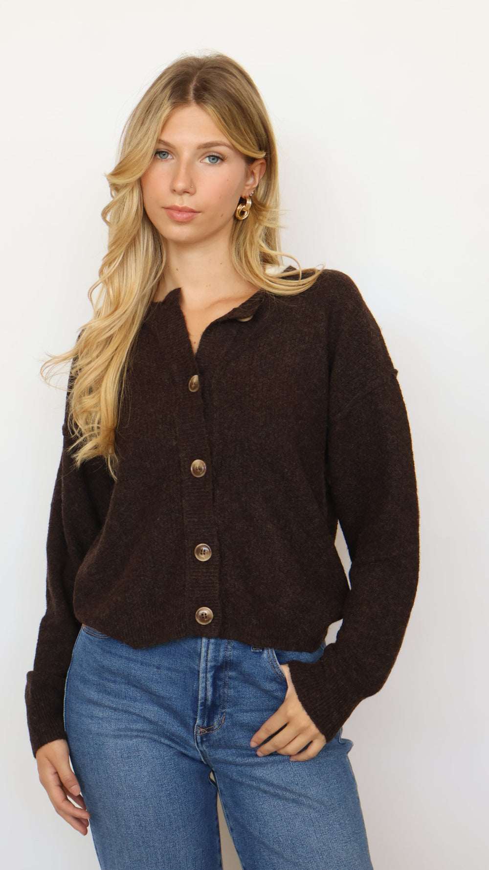 Textured Knit Crew Neck Cardigan