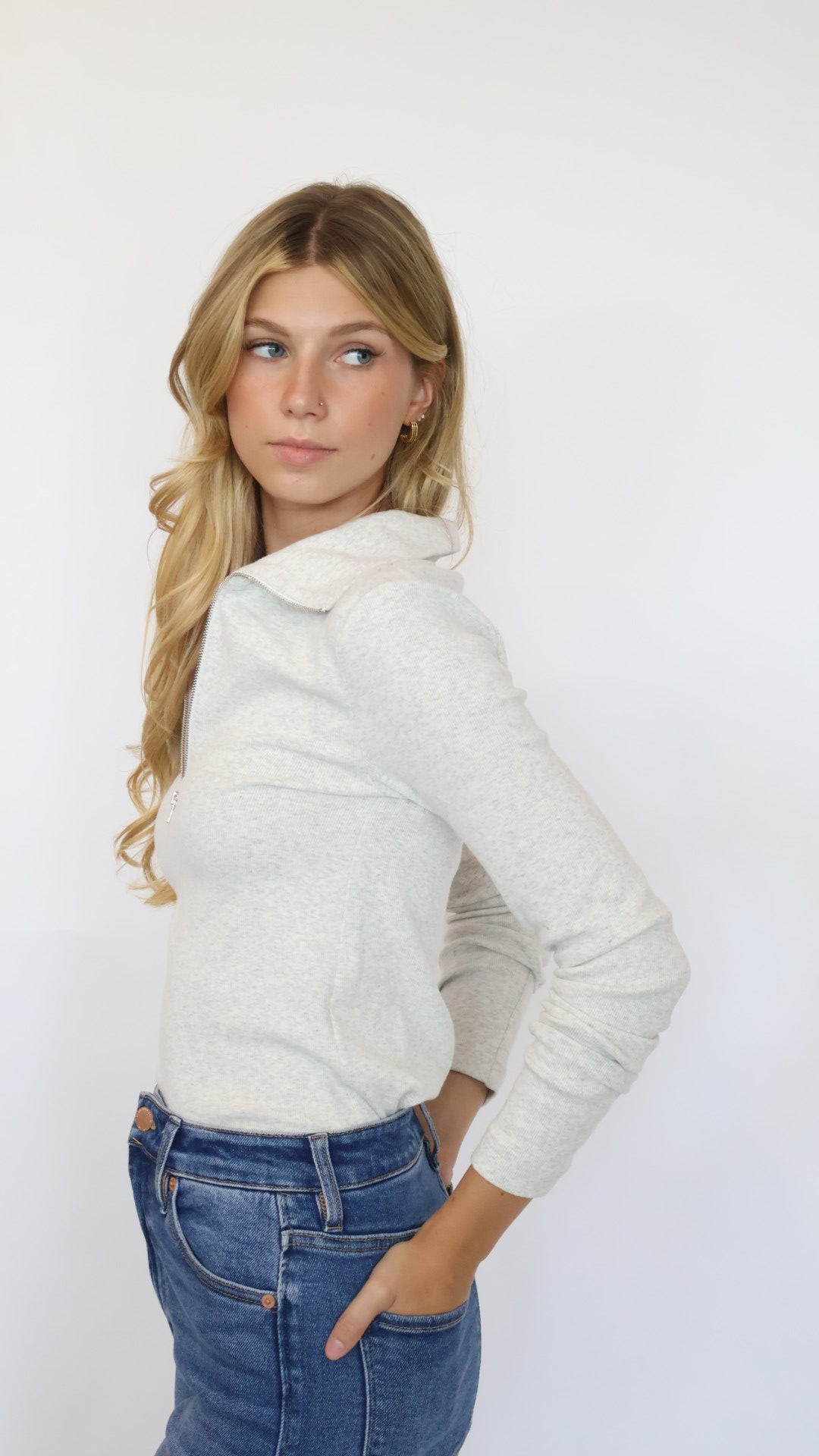 Loren Ribbed Cotton Zip Long Sleeve Top
