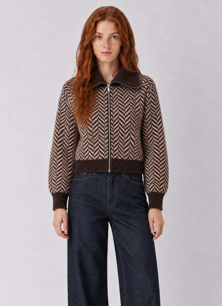 Habitual Herringbone Zip Front Cardigan