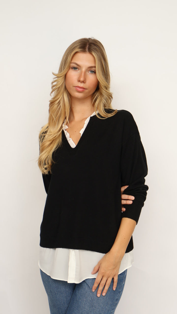 Pinch Ruffle V-Neck Twofer Sweater