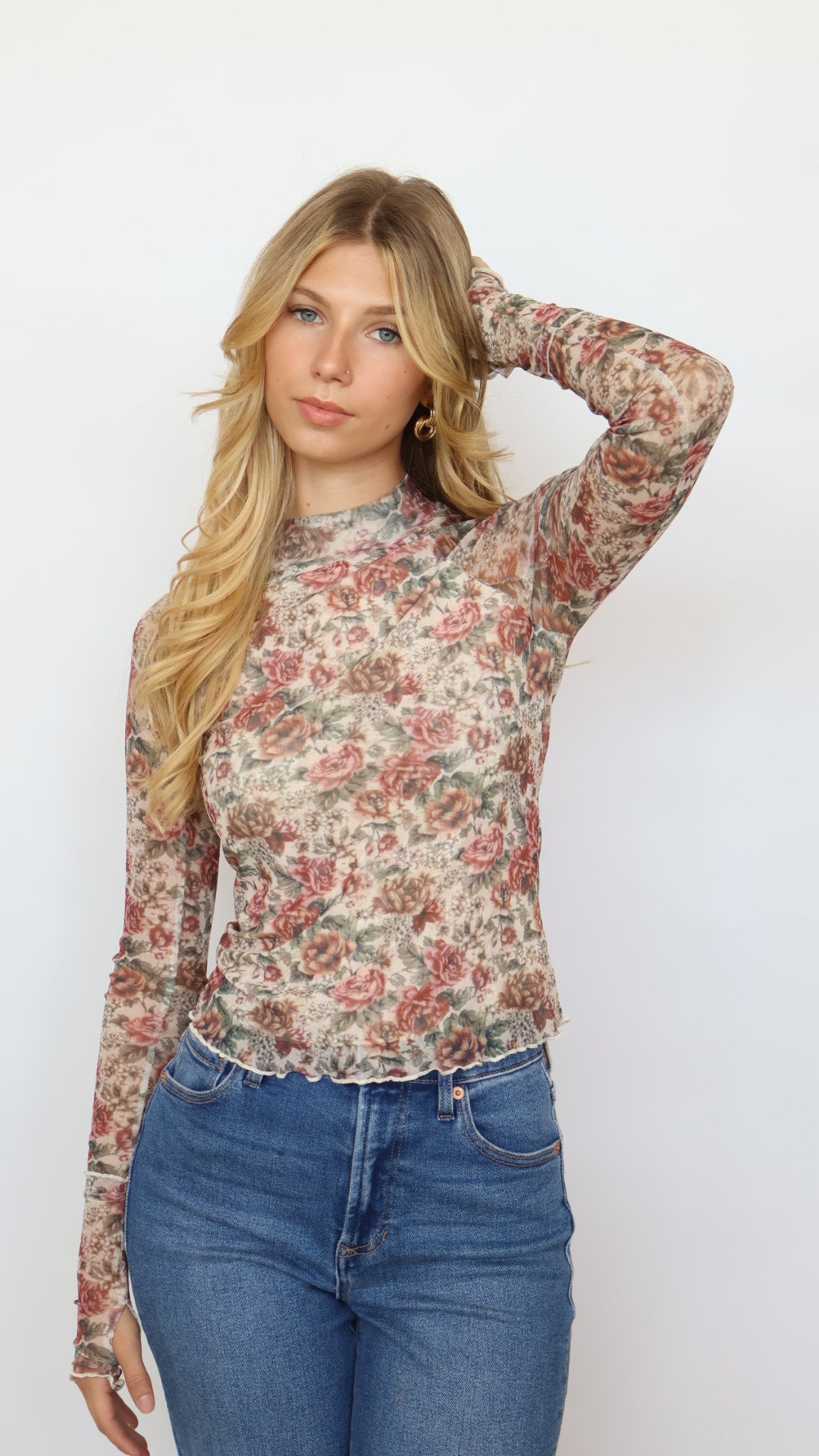 Floral Print Mesh Mock Neck Top