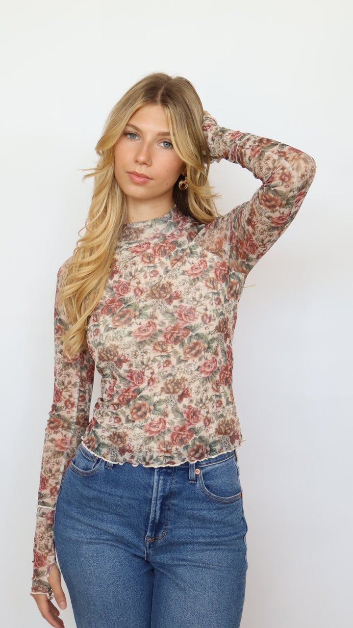 Floral Print Mesh Mock Neck Top