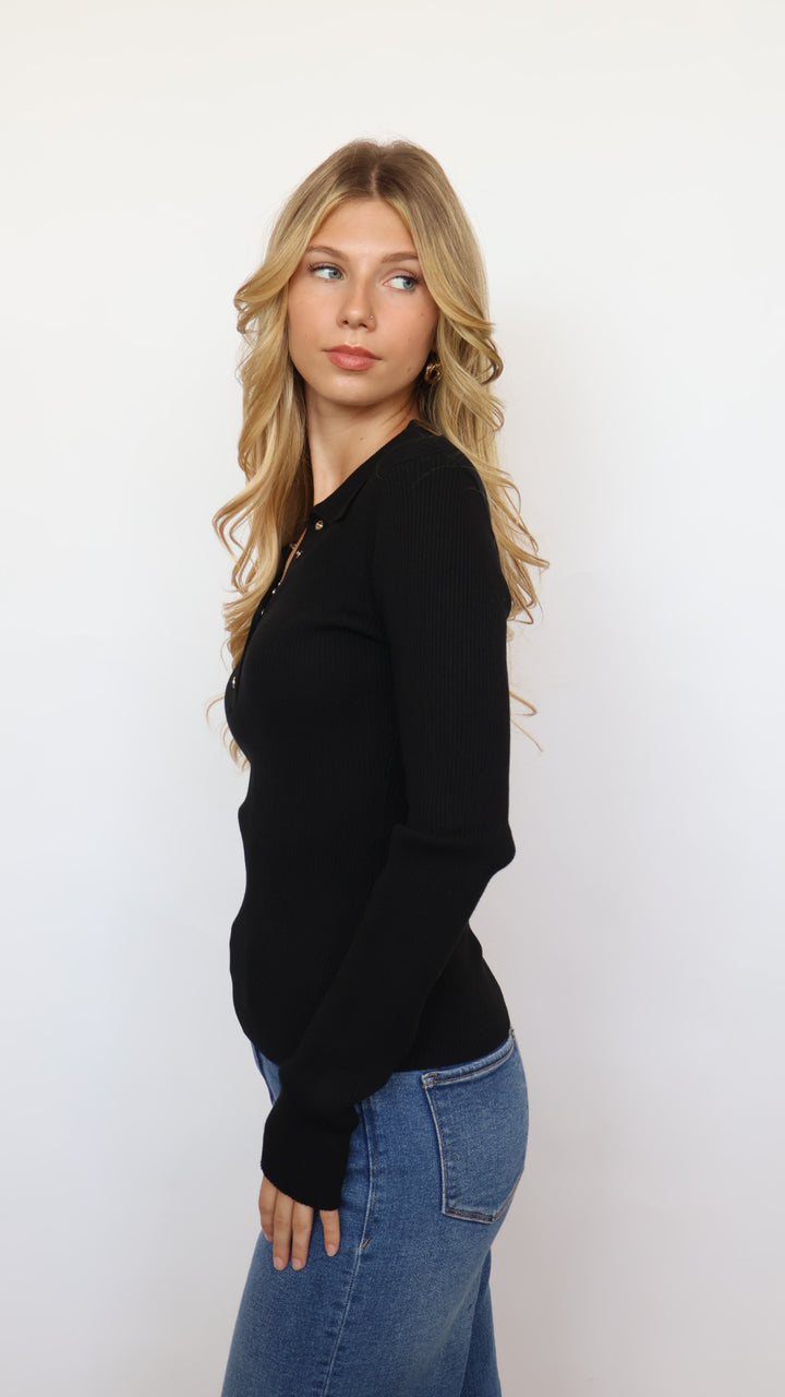 Collared Gold Button Ribbed Henley Top