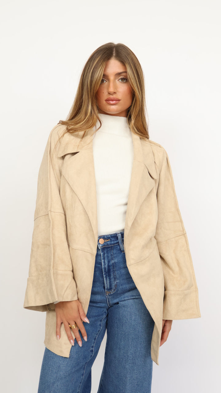 Faux Suede Belted Mid Length Trench Coat