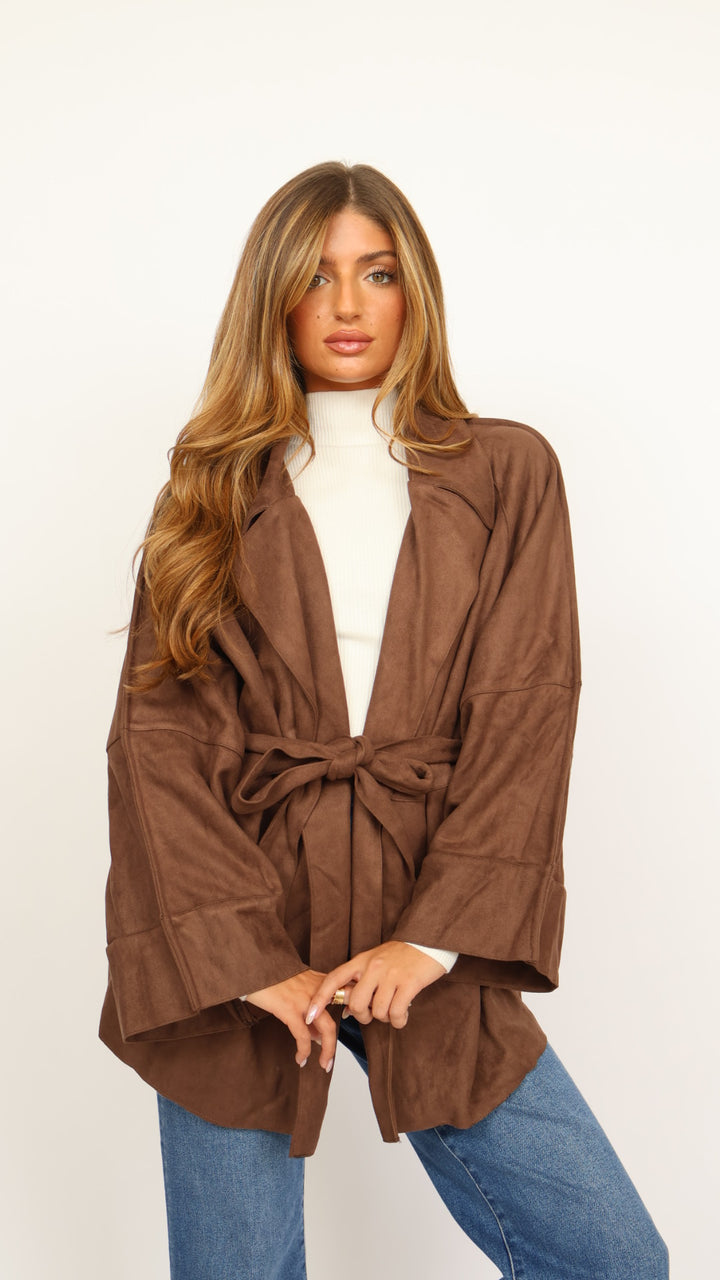 Faux Suede Belted Mid Length Trench Coat