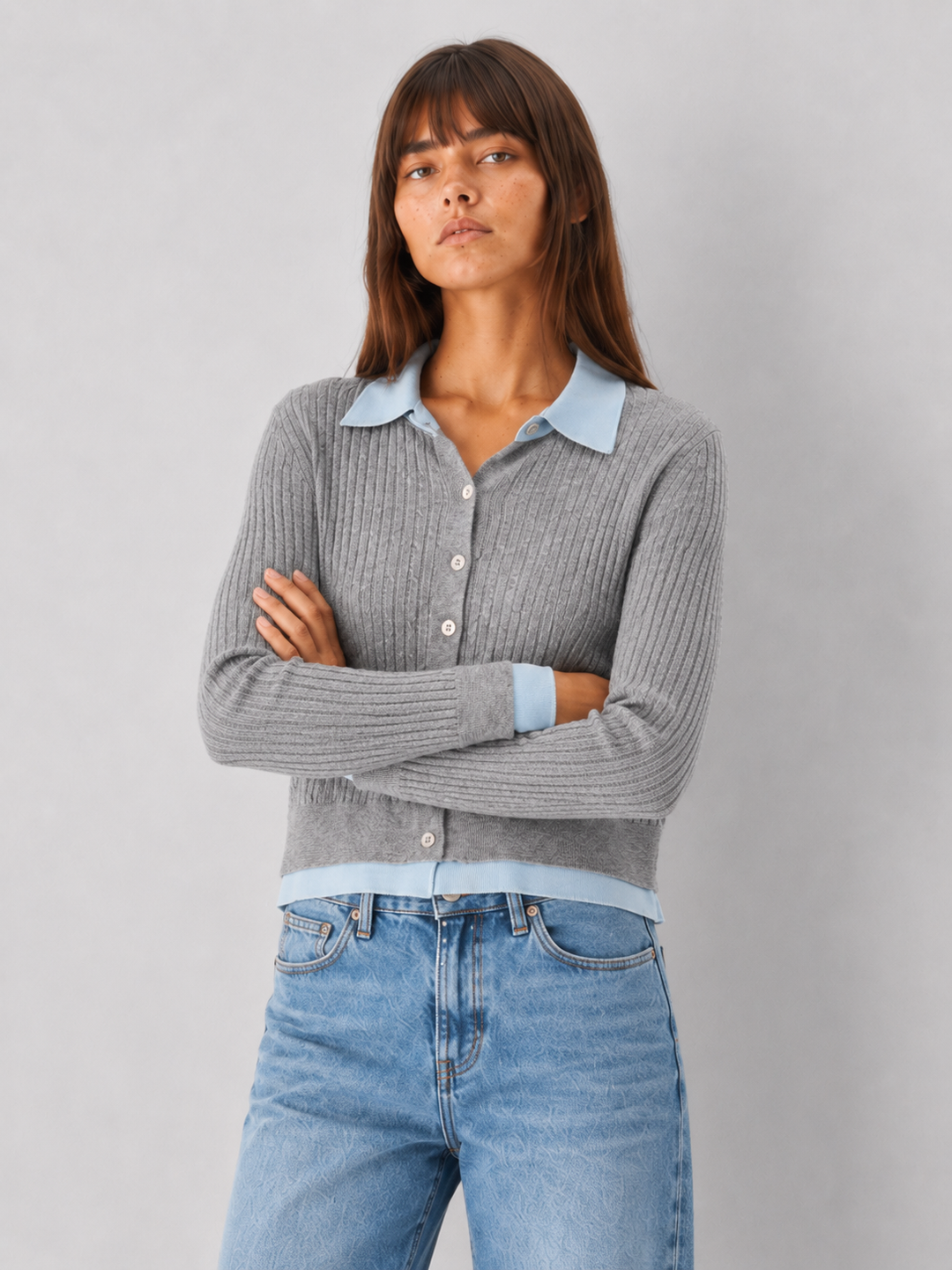 Contrast Collar Ribbed Cardigan