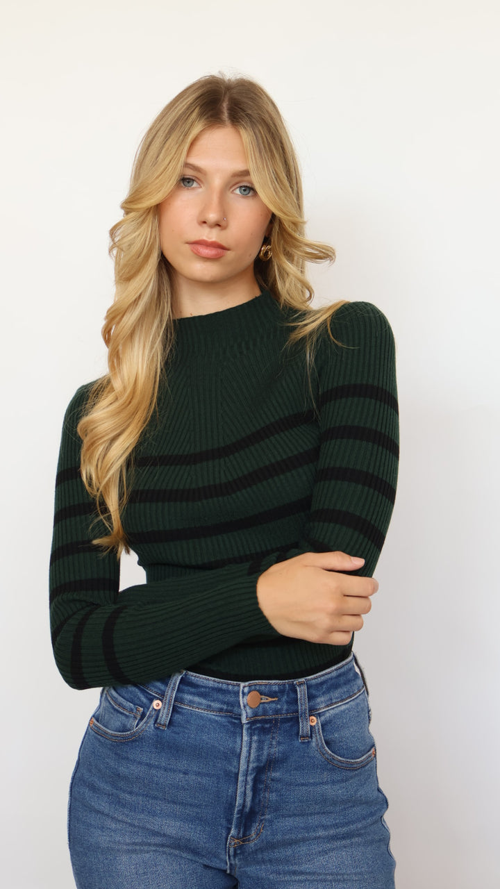 Mock Neck Stripe Ribbed Long Sleeve Sweater