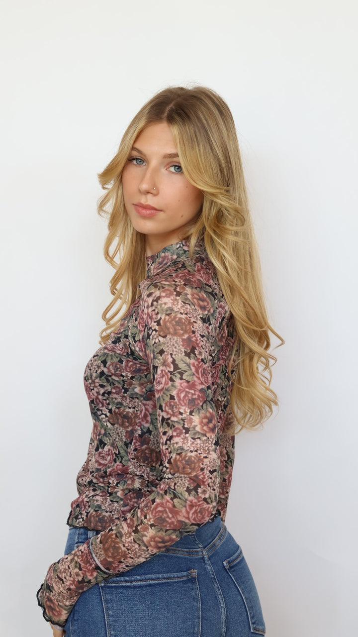 Floral Print Mesh Mock Neck Top