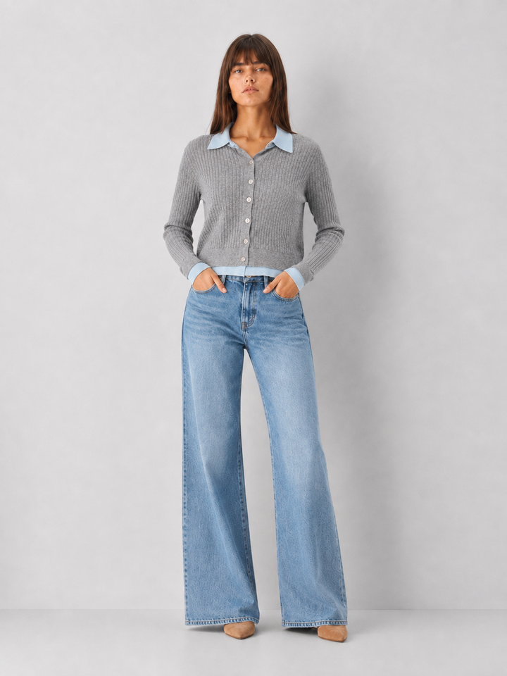Contrast Collar Ribbed Cardigan