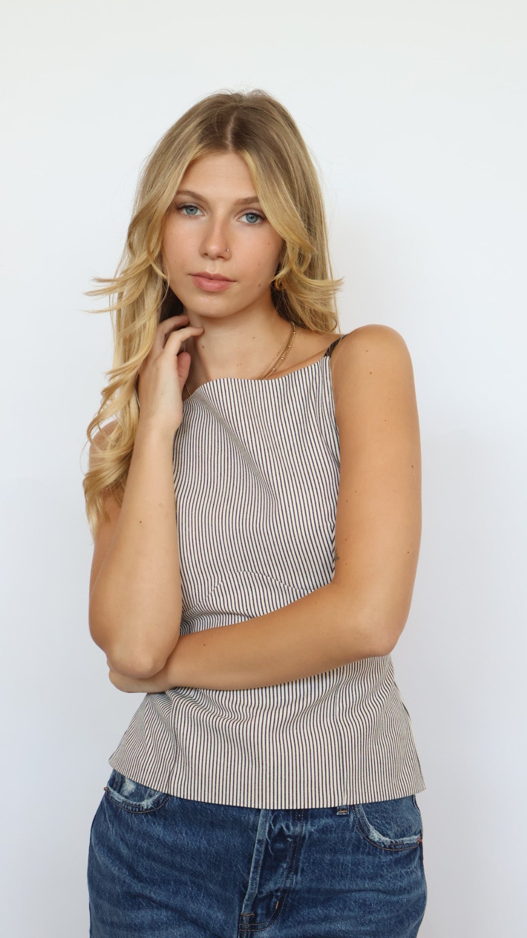 Fore Pinstripe Boat Neck Open Tie Back Top
