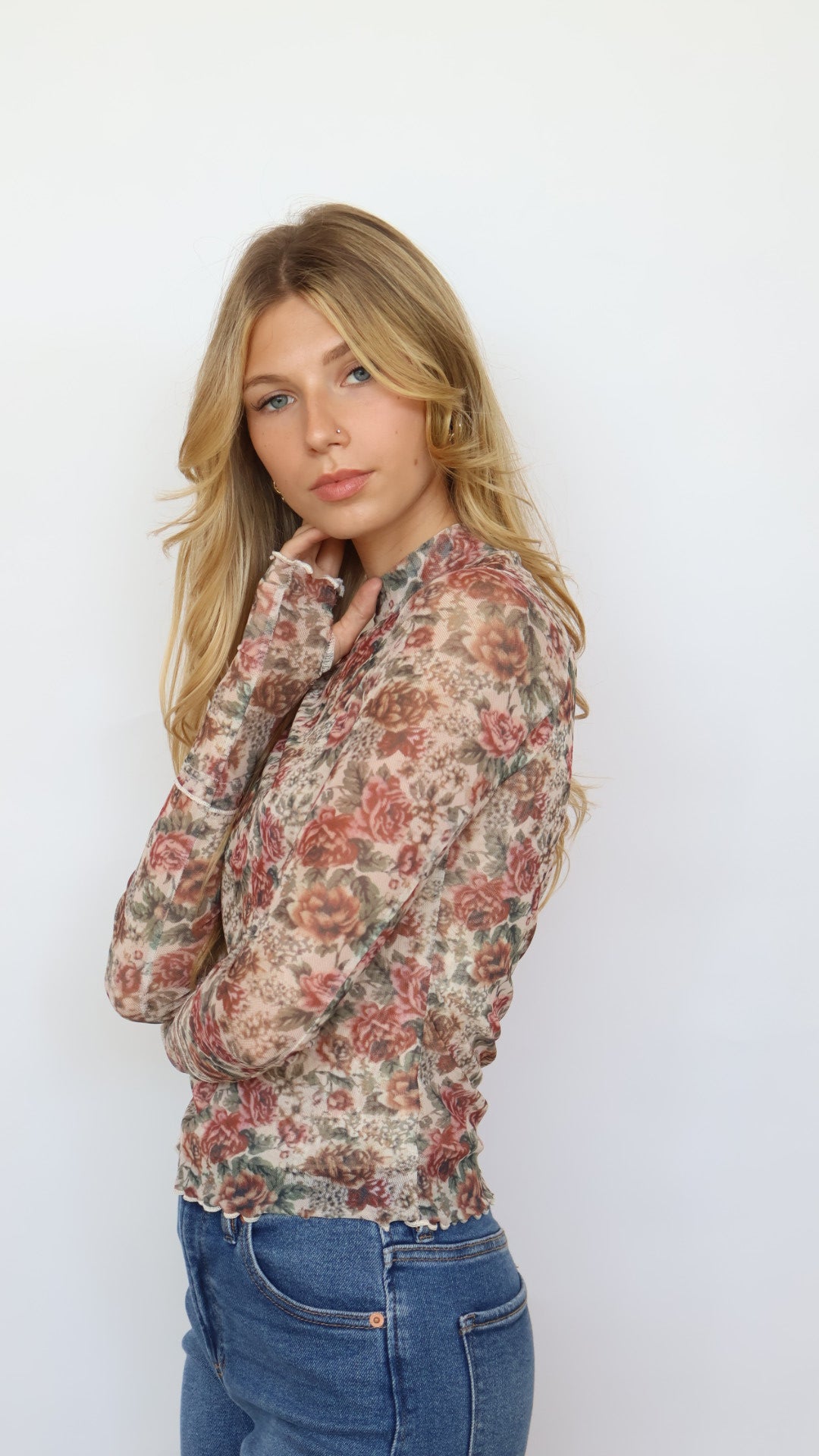 Floral Print Mesh Mock Neck Top