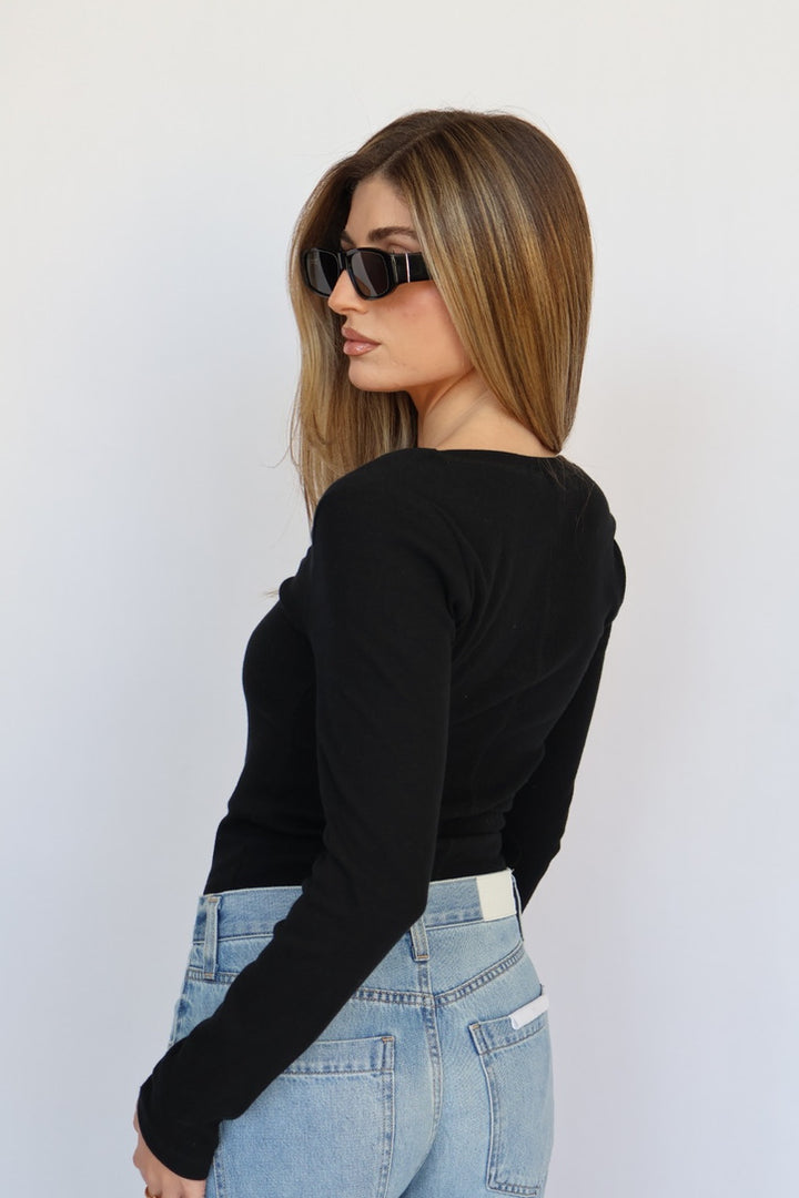 Ribbed Cotton Scoop Neck Long Sleeve Top