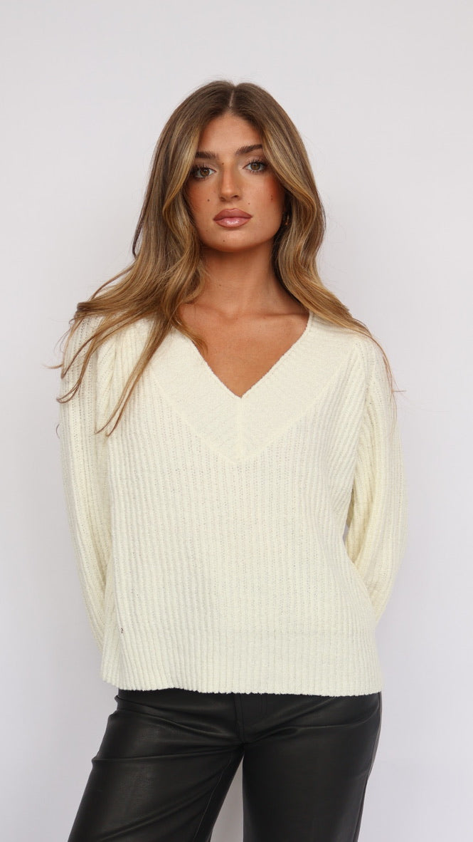 Ribbed Knit V Neck Loose Fit Sweater