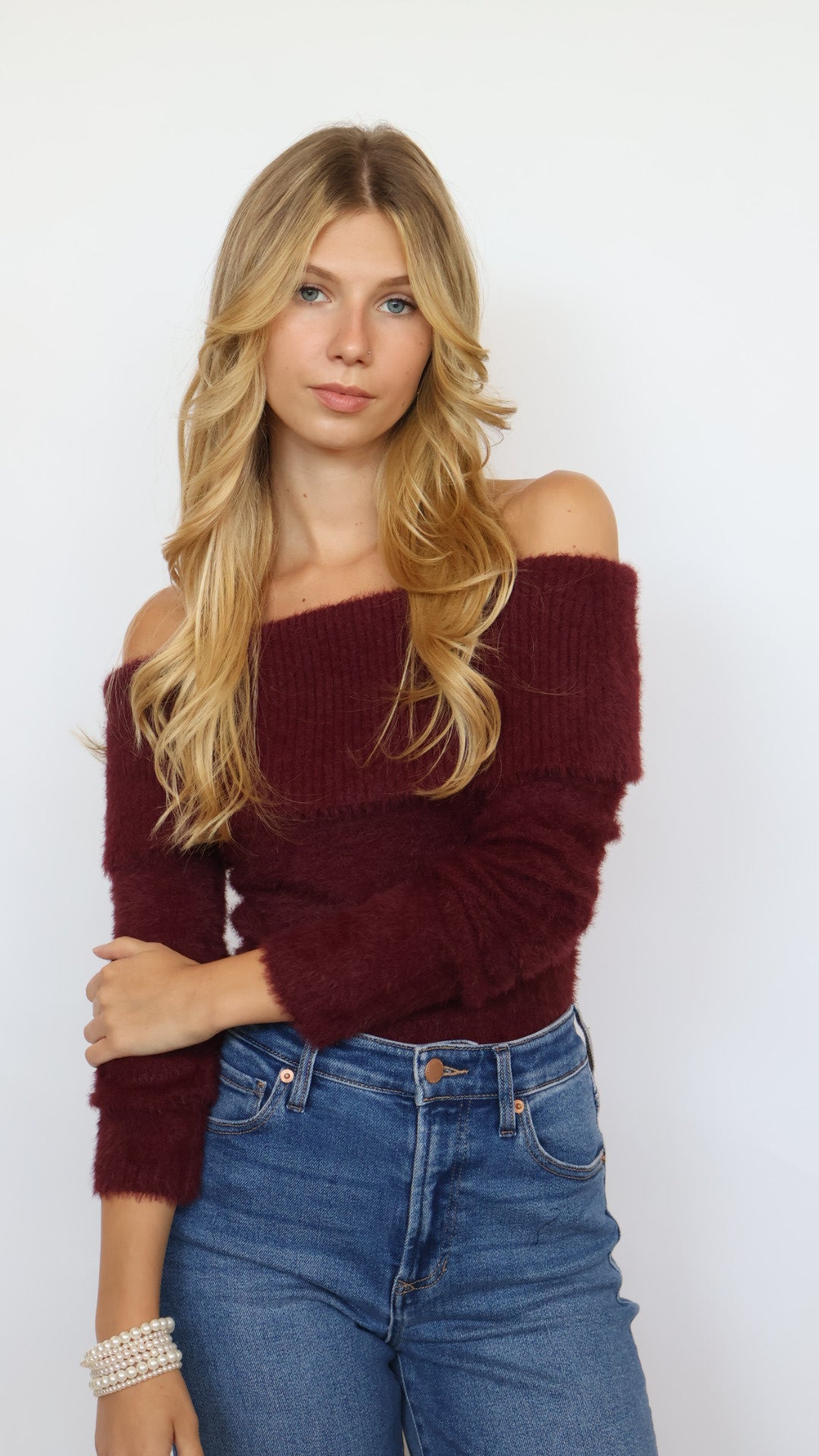 Cozy Off Shoulder Fold Over Knit Sweater