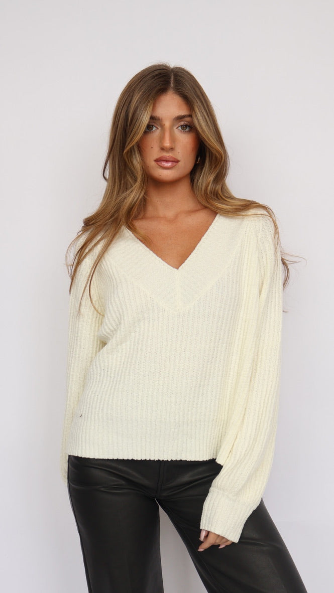 Ribbed Knit V Neck Loose Fit Sweater