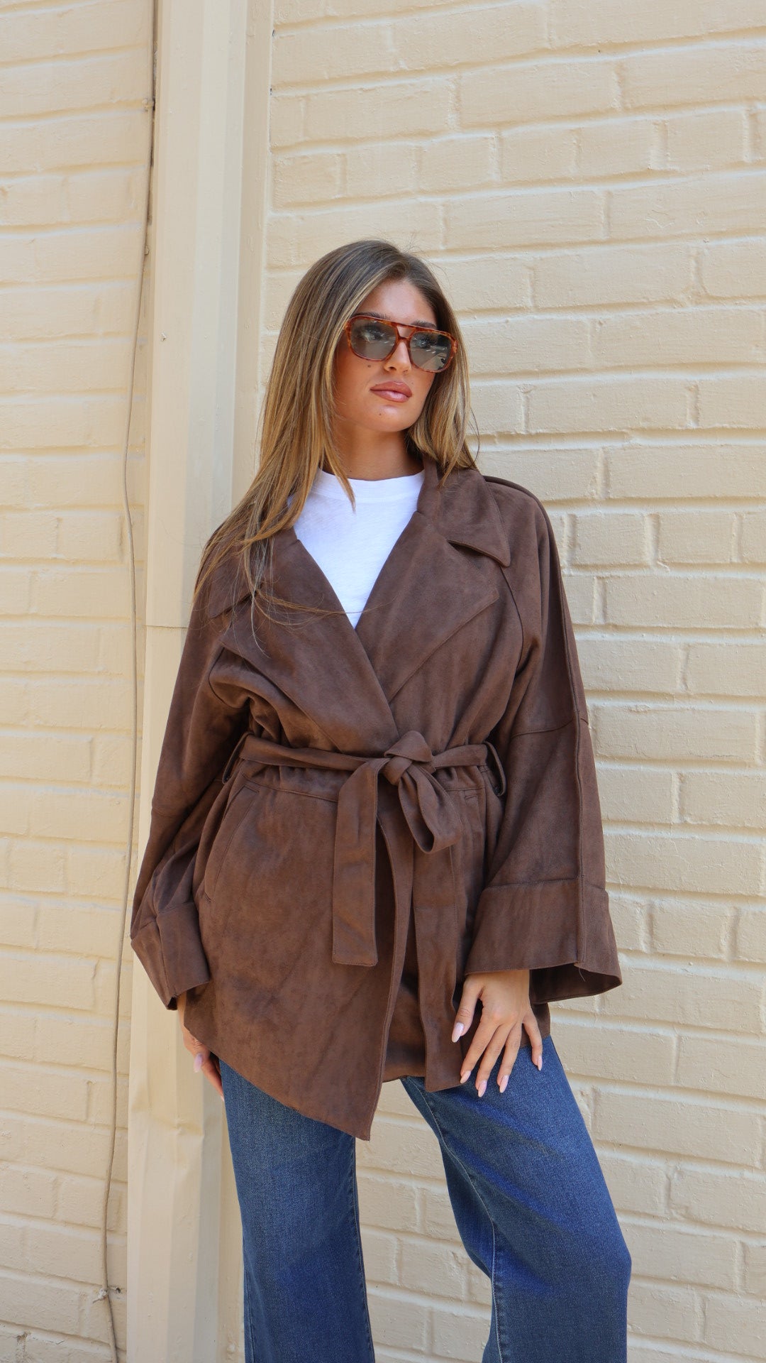 Faux Suede Belted Mid Length Trench Coat
