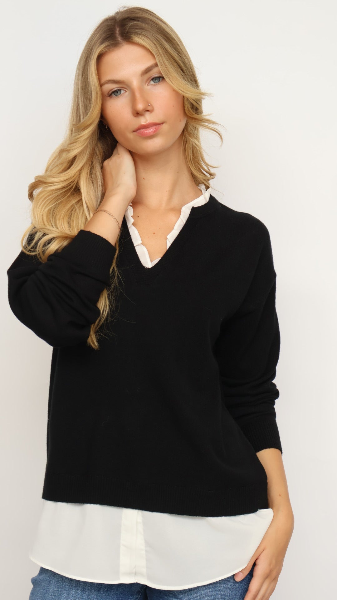 Pinch Ruffle V-Neck Twofer Sweater