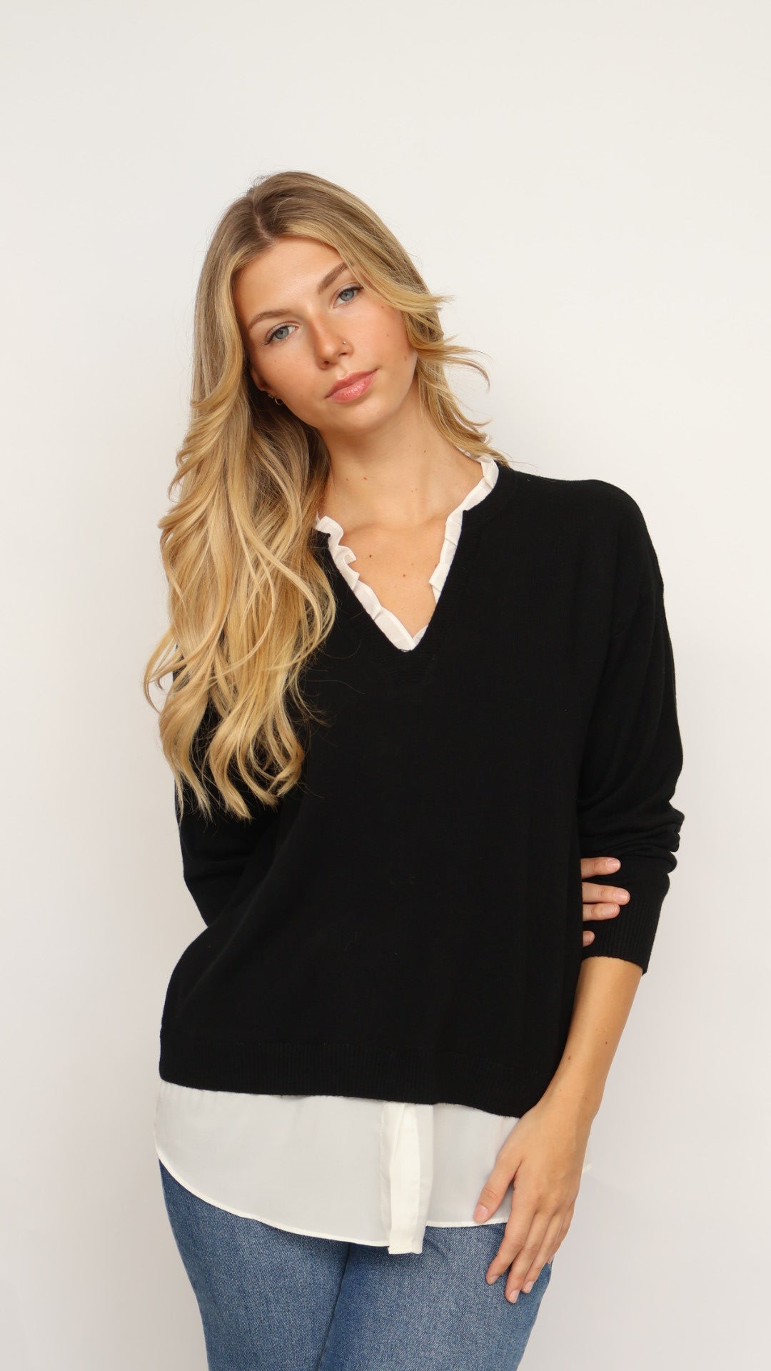 Pinch Ruffle V-Neck Twofer Sweater
