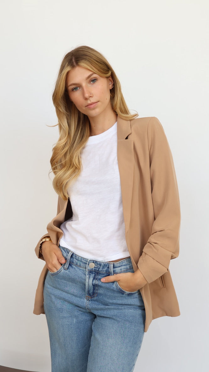 3/4 Ruched Sleeve Open Blazer