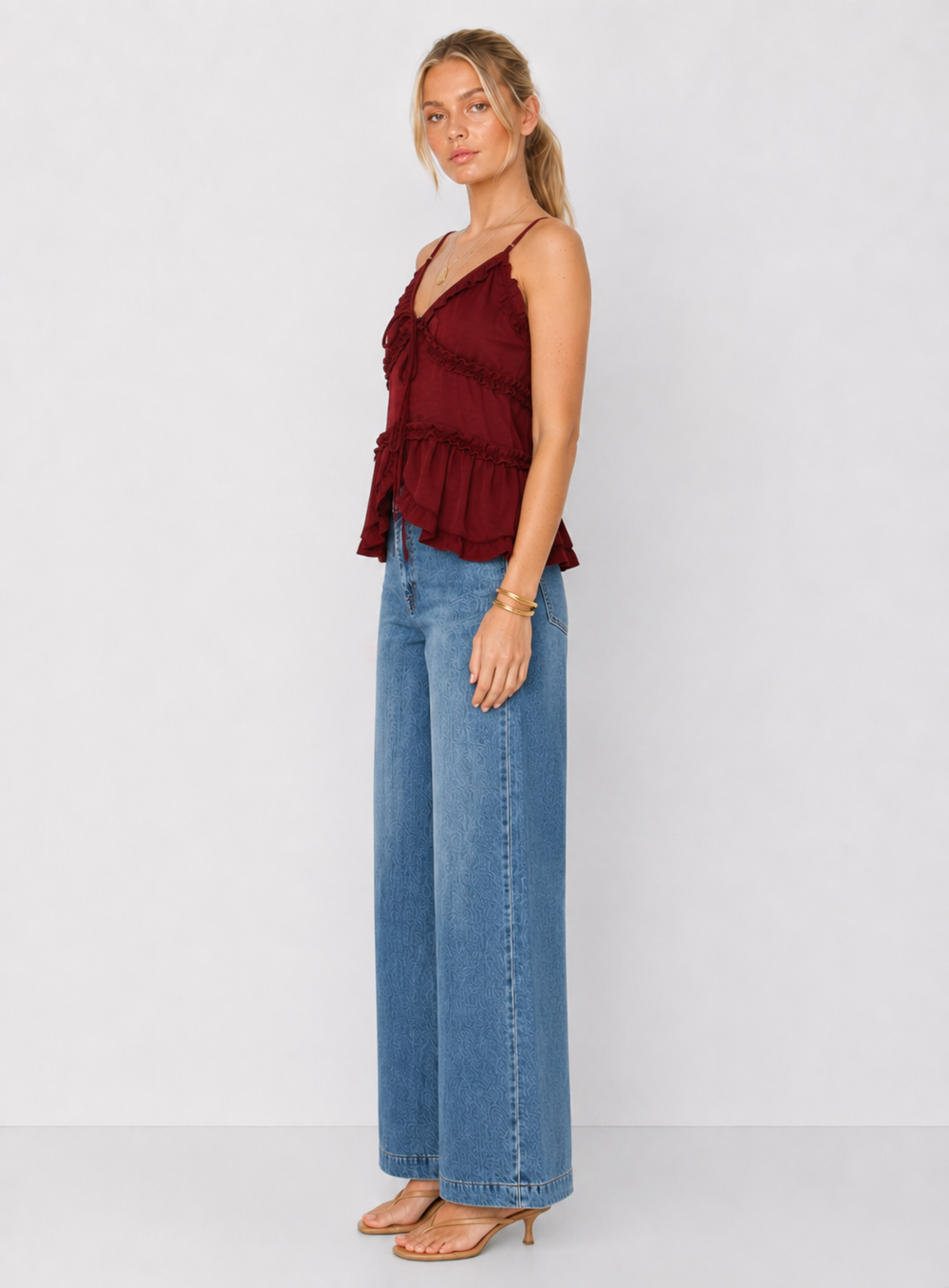 Tiered Tie Front Ruffle Detail Sleeveless Top