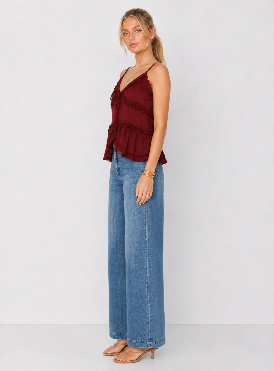 Tiered Tie Front Ruffle Detail Sleeveless Top