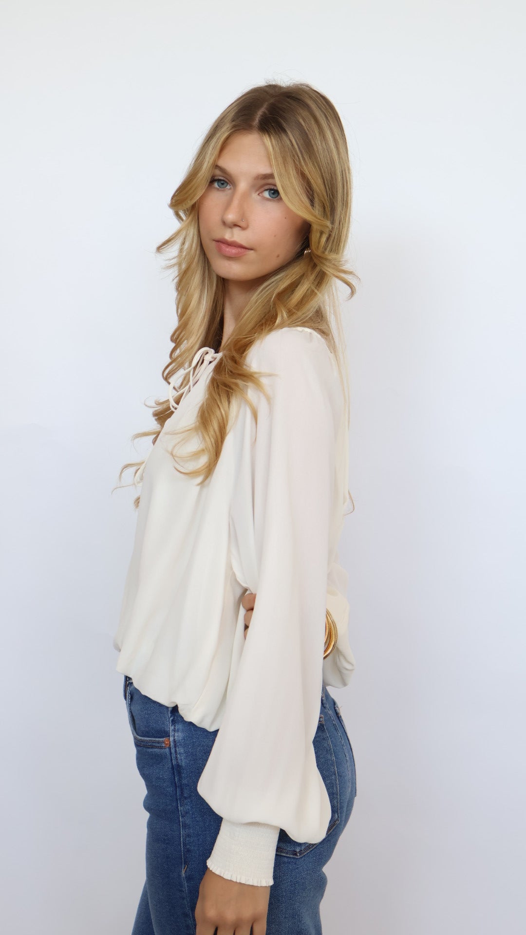 Bubble Hem Tie Neck Blouse