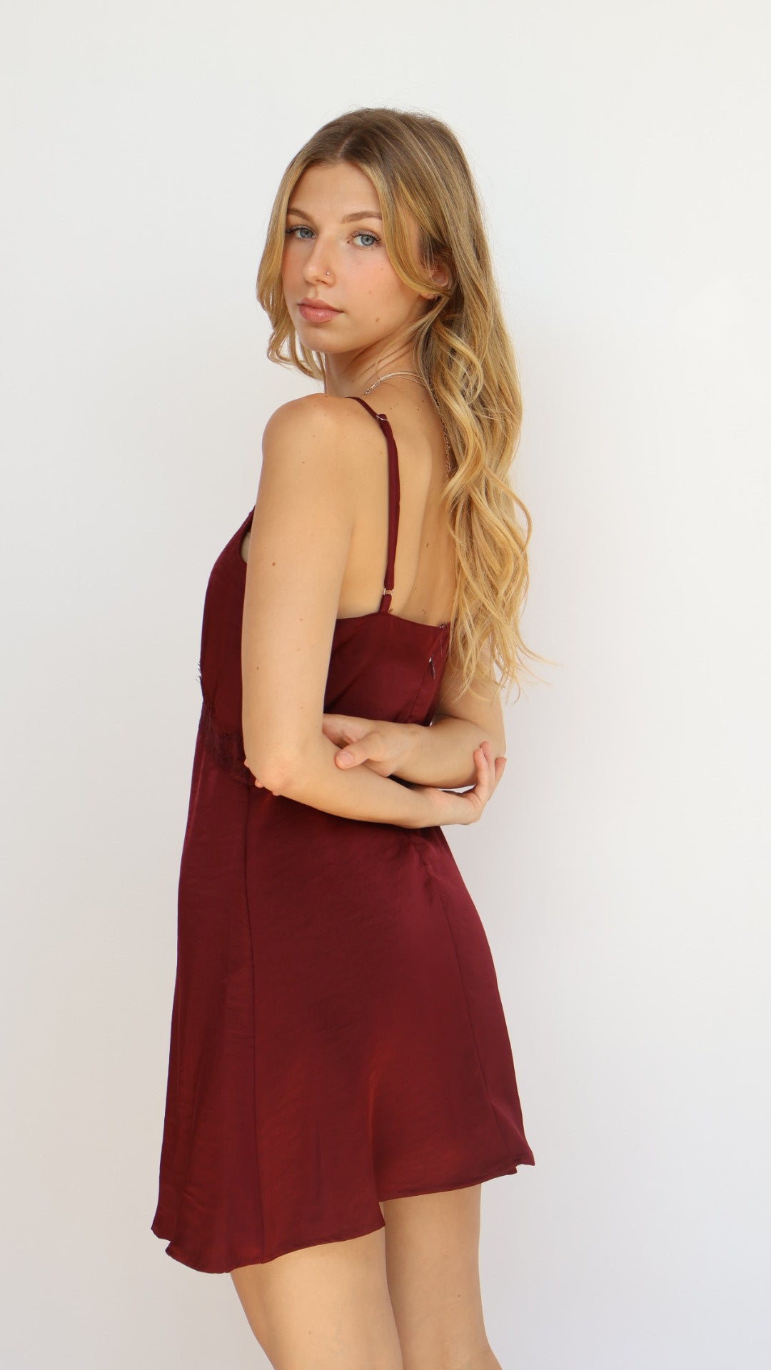 Satin Slip Mini Dress with Lace Trim