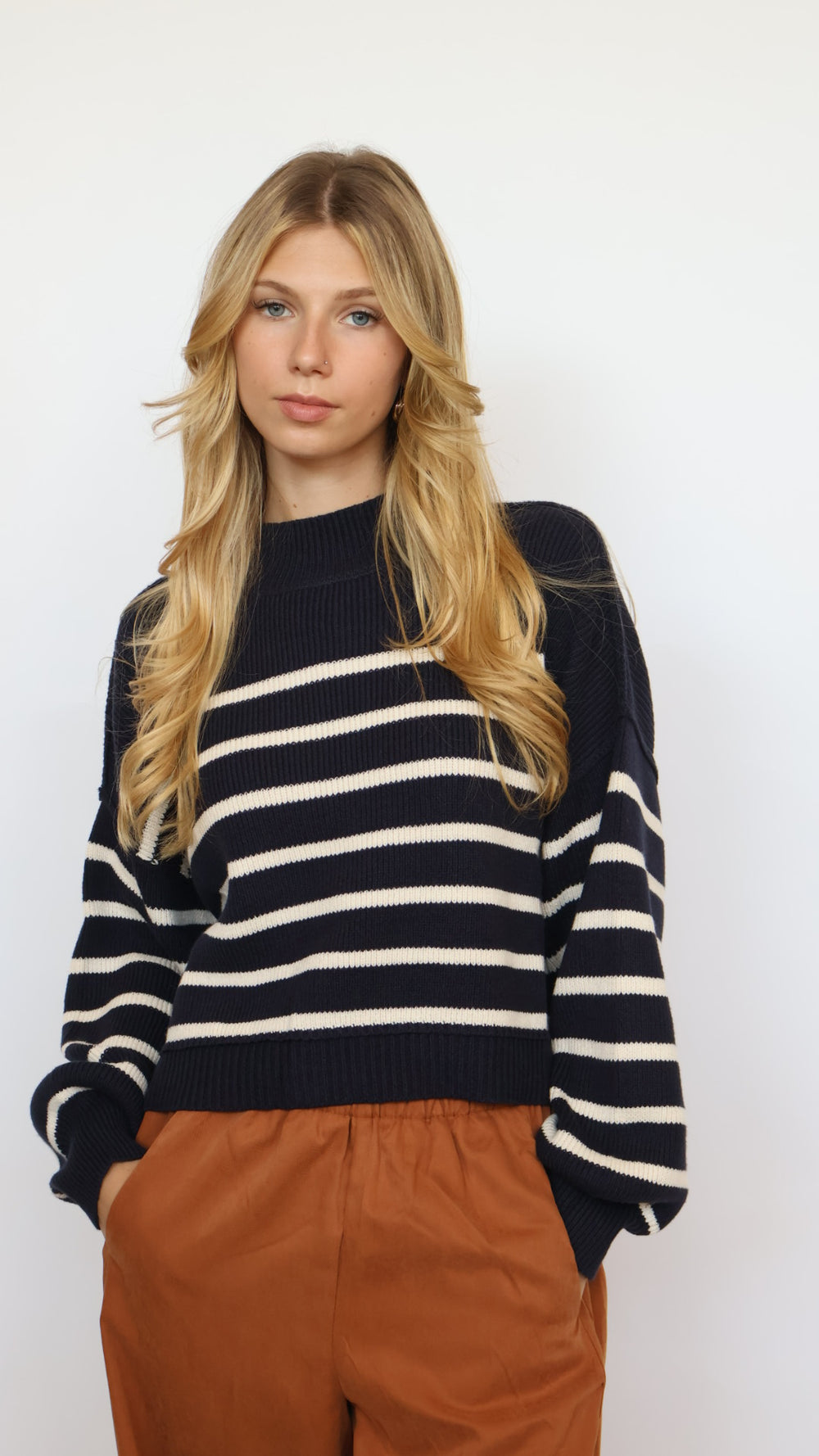 Loose Fit Mock Neck Stripe Sweater