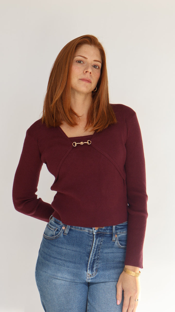 Long Sleeve Buckle Detail V Neck Top