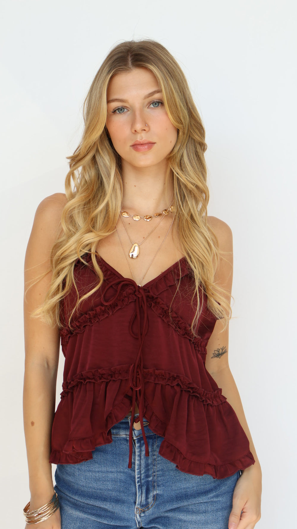 Tiered Tie Front Ruffle Detail Sleeveless Top