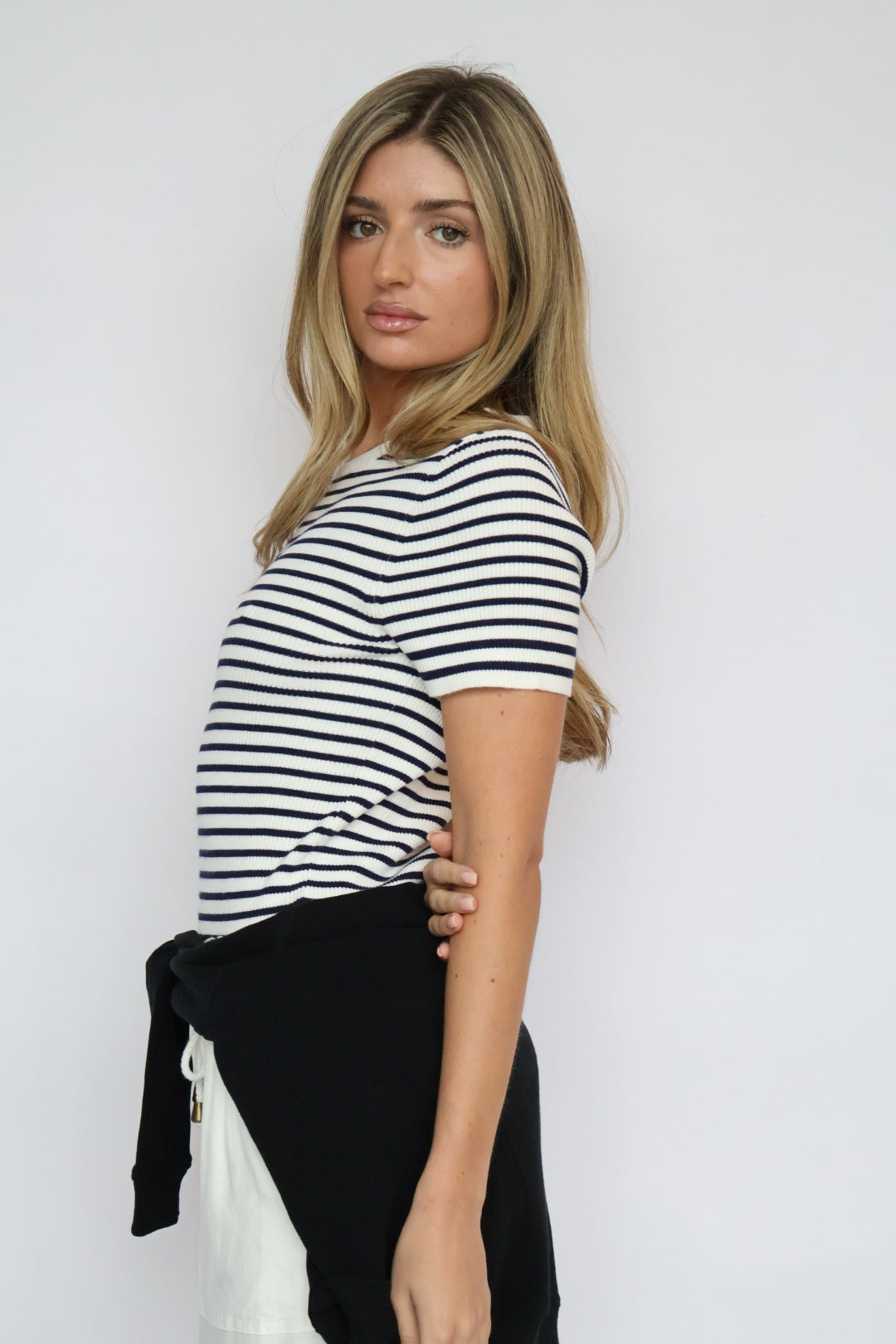 Fitted Ribbed Knit Stripe T-Shirt